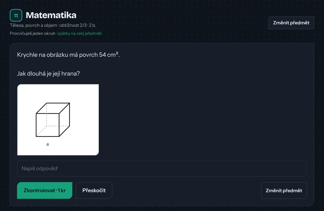 Úloha z matematiky v aplikaci: krychle s povrchem 54 cm², otázka na délku hrany a pole pro odpověď