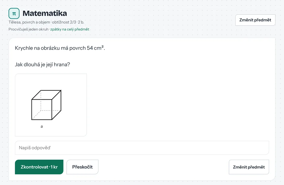Úloha z matematiky v aplikaci: krychle s povrchem 54 cm², otázka na délku hrany a pole pro odpověď
